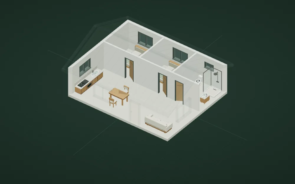 Coupe d’une maison illustrative en 3D, révélant les pièces et leur mobilier.